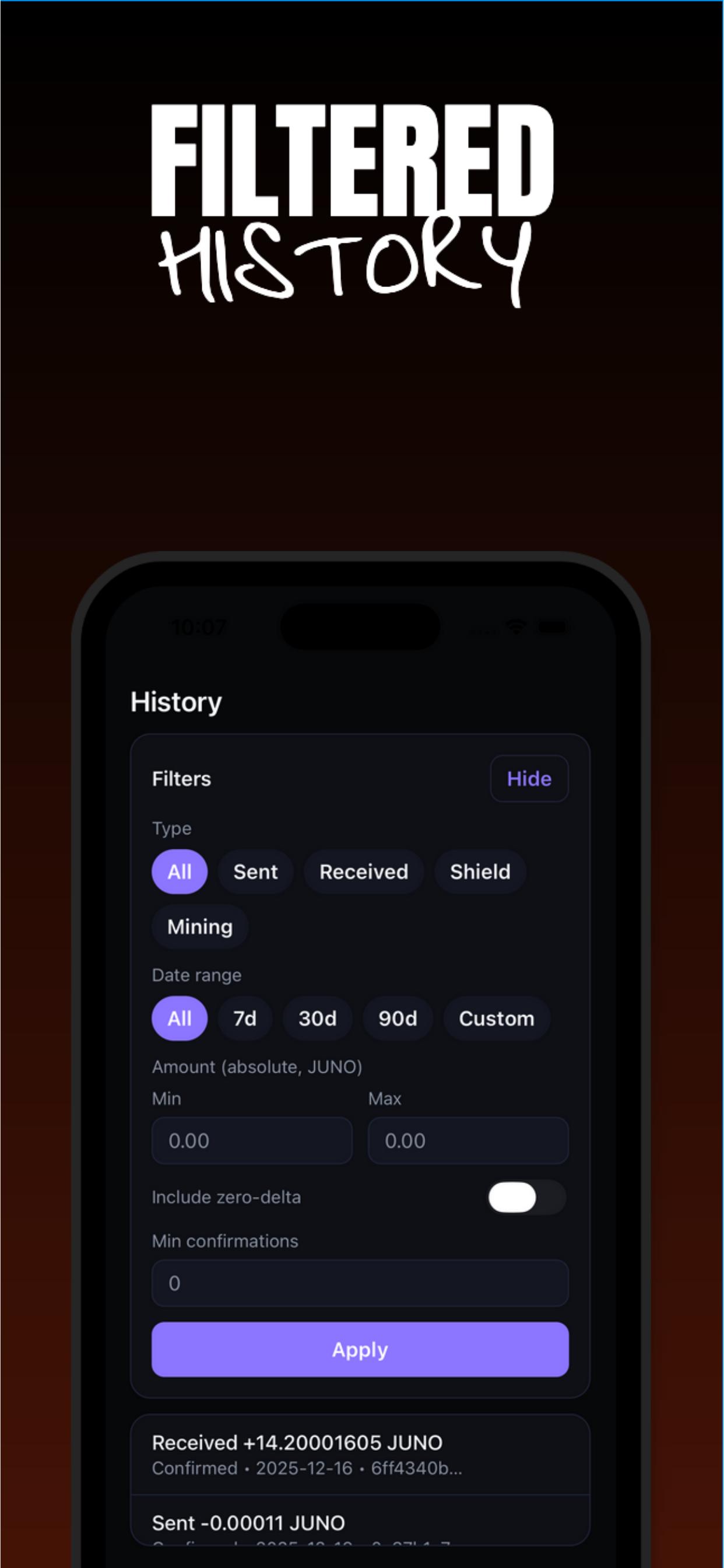 History screen showing filters for type, date range and amount.