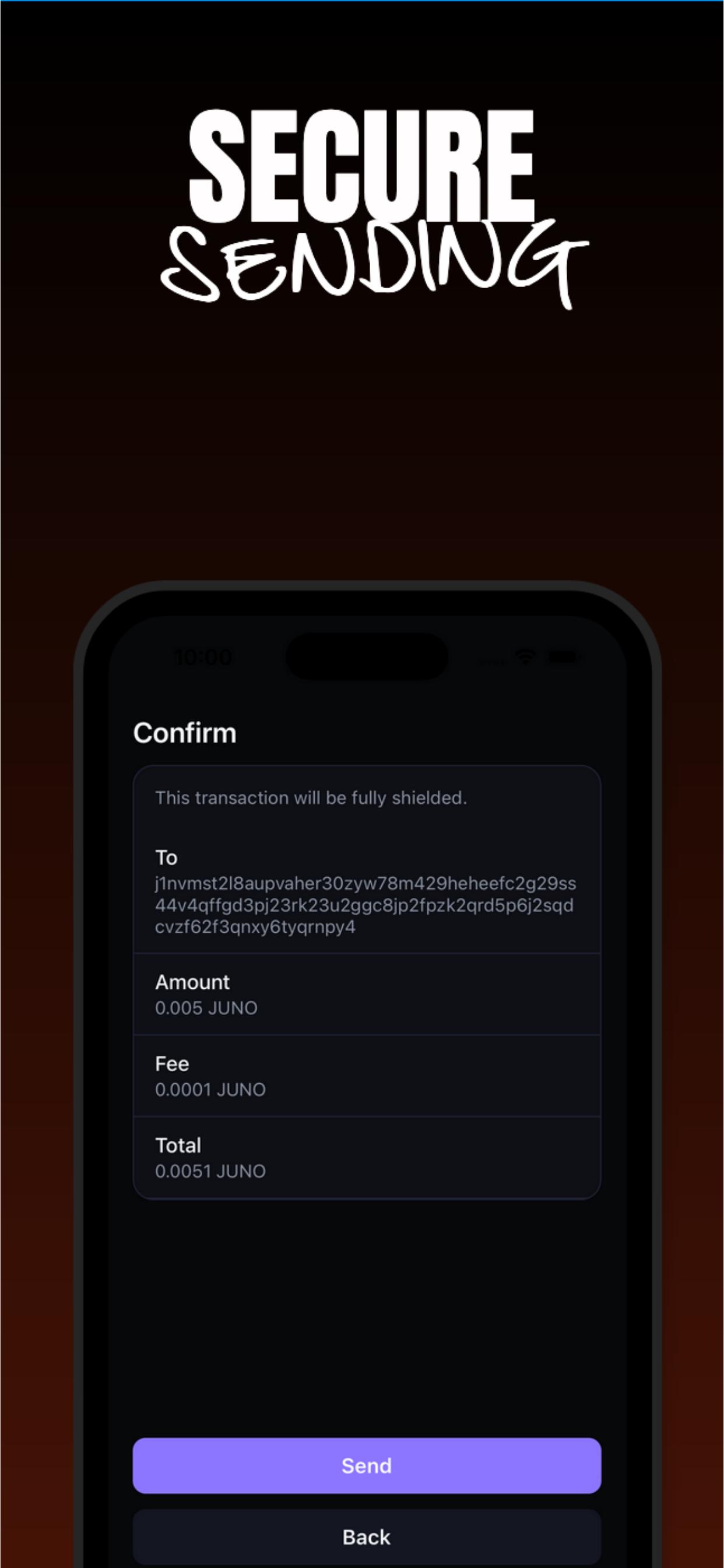 Send confirmation screen showing recipient, amount, fee and total.
